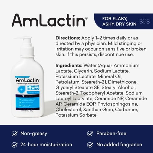AmLactin Intensive Healing Body Lotion for Dry Skin – 7.9 oz Pump Bottle – 2-in-1 Exfoliator & Moisturizer with Ceramides & 15% Lactic Acid for Relief from Dry Skin