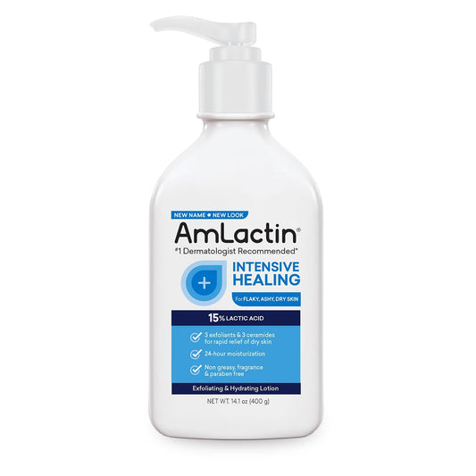 AmLactin Intensive Healing Body Lotion for Dry Skin – 7.9 oz Pump Bottle – 2-in-1 Exfoliator & Moisturizer with Ceramides & 15% Lactic Acid for Relief from Dry Skin